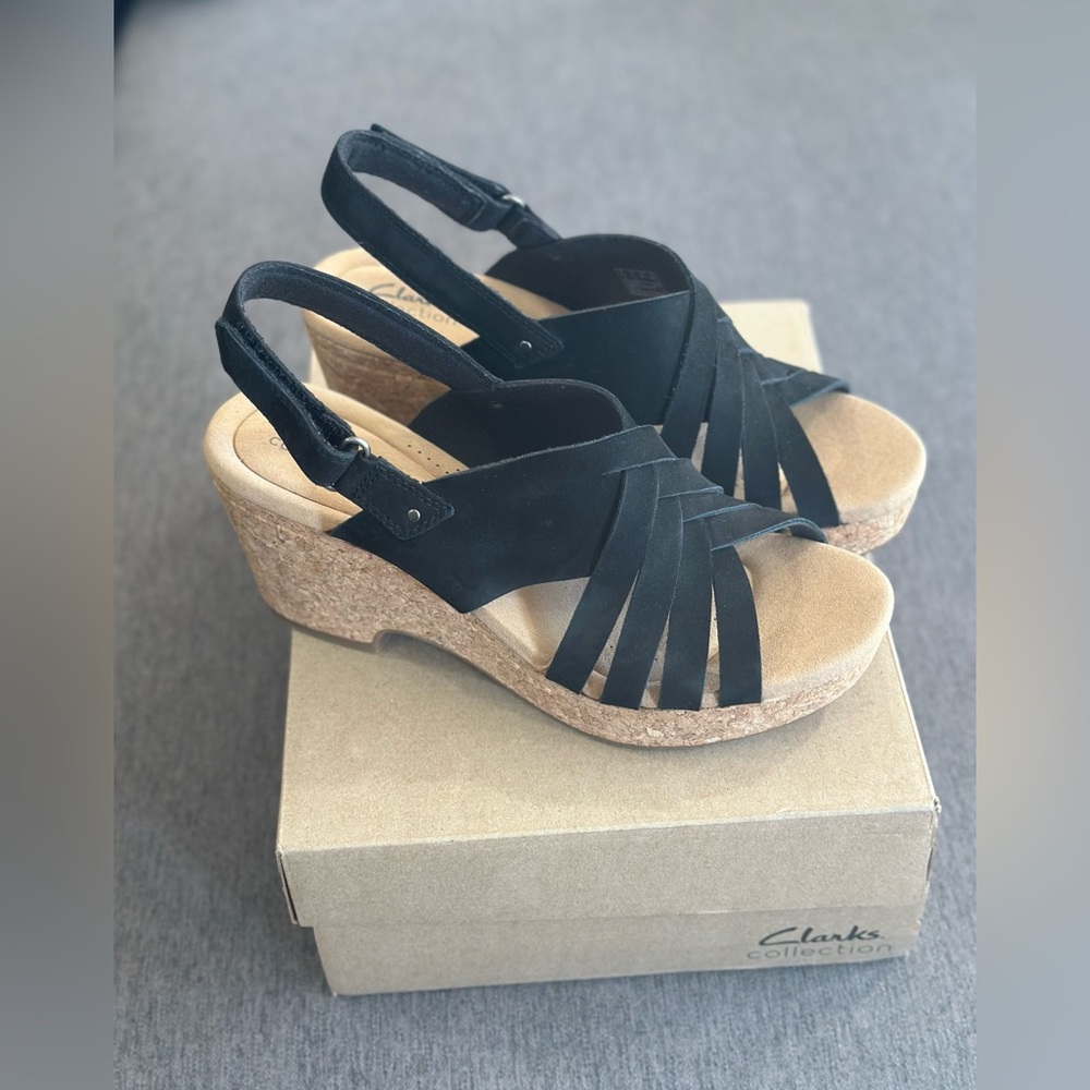 Clarks Black Leather Wedge Sandals with Tan Sole